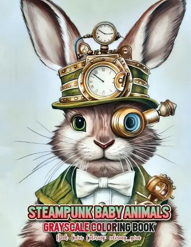 Steampunk Baby Animals Grayscale Coloring Book (Spiral) 1