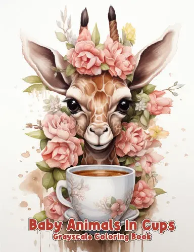 Baby Animals In Cups Grayscale Coloring Book (Spiral) 1