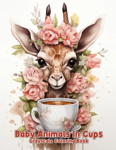 Baby Animals In Cups Grayscale Coloring Book (Paperback) 1