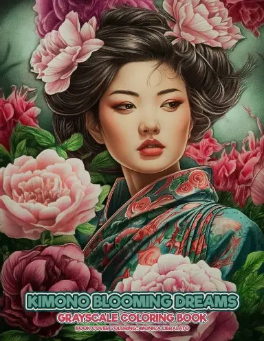 Kimono Blooming Dreams Grayscale Coloring Book (Spiral Bound) 1